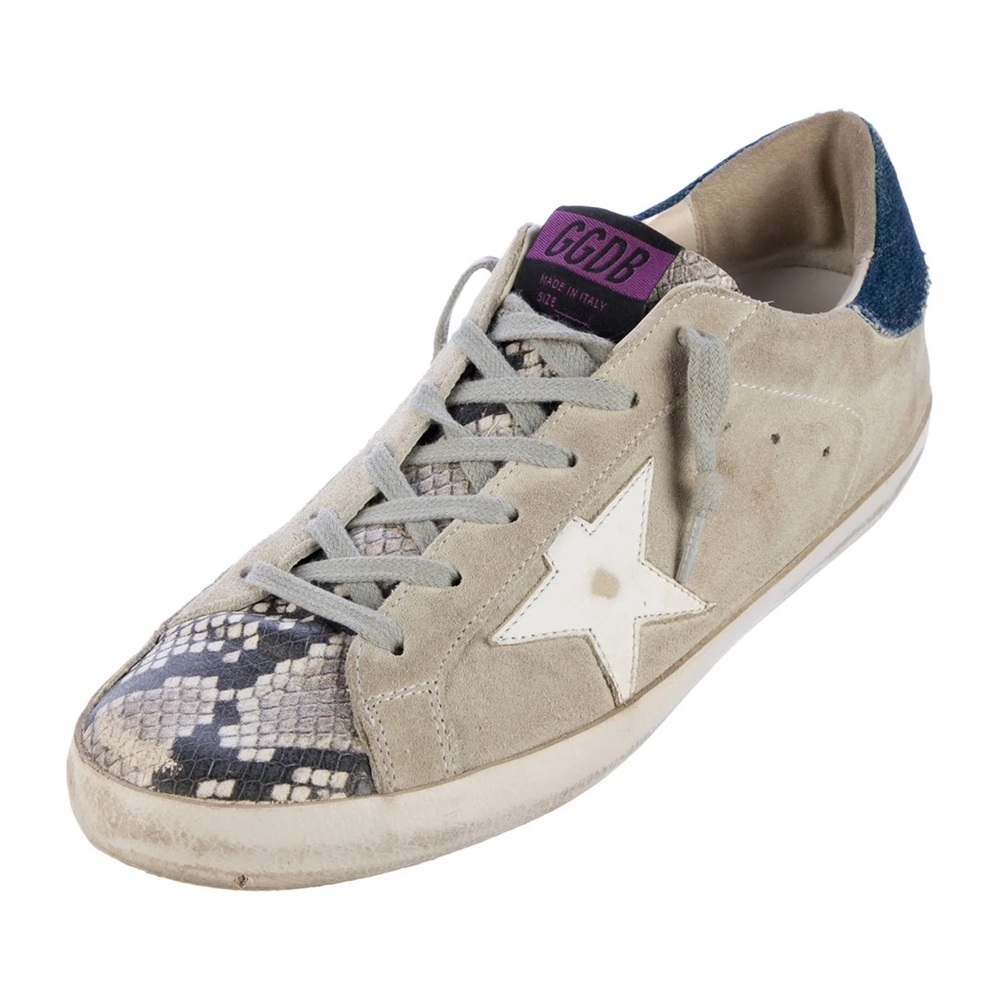 Golden Goose Beige Suede Sneakers with White Star and Blue Snake-Print Toe
